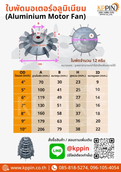 ใบพัดท้ายมอเตอร์ Cooling Fan ใบพัดอลูมิเนียม Aluminium Motor Fan ใบพัดหลังปั๊มหอยโข่ง ใบพัดมอเตอร์ หลายนิ้ว ใบพัดระบายความร้อน หลายขนาด จากบริษัทเคพีพิน