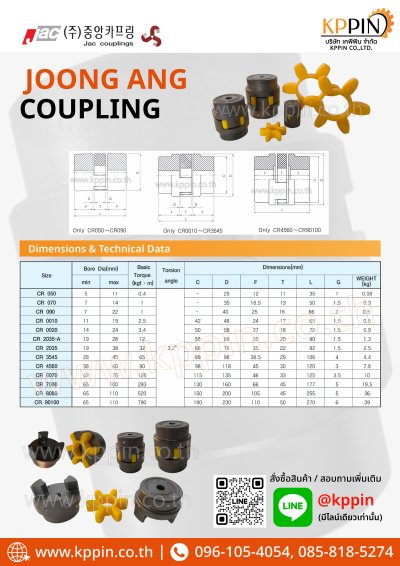 ยอย Joong Ang ยอย JAC DYC ยางยอยสีเหลือง ยอยเกาหลี JAC Jaw Coupling Joong Ang Coupling CR2035 CR3545 CR4560 CR6070 CR8090 หลายขนาด จากบริษัทเคพีพิน
