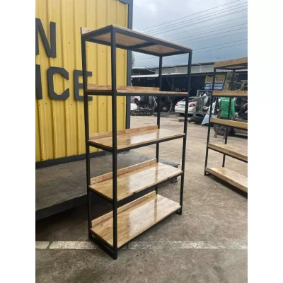 ชั้นวางของ 5 ชั้น  พื้นไม้ เฟอร์นิเจอร์ โครงเหล็กกันสนิม