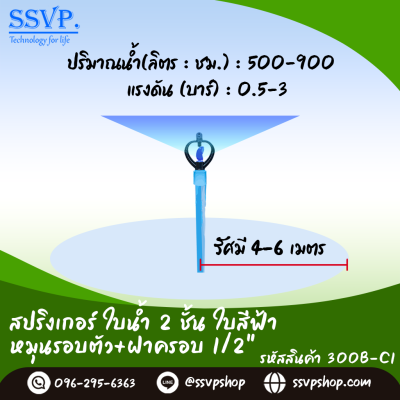 สปริงเกอร์ ใบน้ำ 2 ชั้น ใบสีฟ้า หมุนรอบตัวพร้อมฝาครอบ PVC 1/2" รหัสสินค้า 300B-C1 บรรจุ 10 ตัว