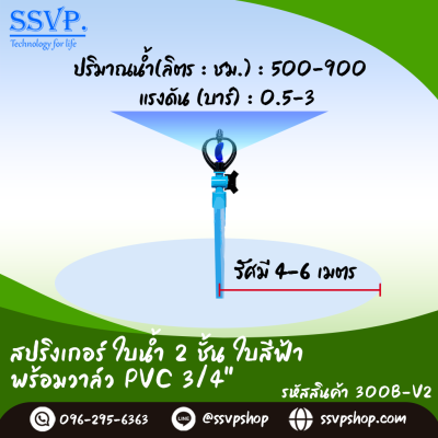 สปริงเกอร์ใบน้ำ 2 ชั้น ใบสีฟ้า พร้อมวาล์ว PVC 3/4" รหัสสินค้า 300B-V2 บรรจุ 10 ตัว