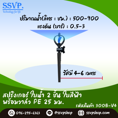 สปริงเกอร์ใบน้ำ 2 ชั้น ใบสีฟ้า พร้อมวาล์ว PE ขนาด 25 มม. รหัสสินค้า 300B-V4 บรรจุ 10 ตัว