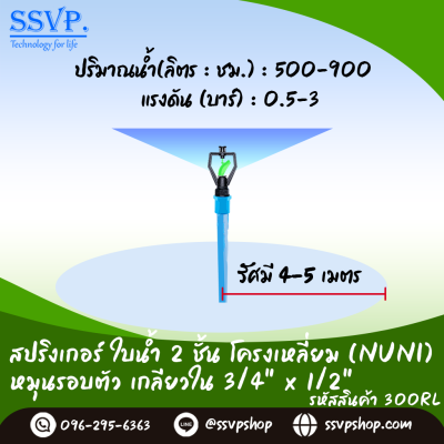 สปริงเกอร์ใบน้ำ 2 ชั้น โครงเหลี่ยม (NUNI) หมุนรอบตัว เกลียวใน ขนาด 3/4" x 1/2"  รหัสสินค้า 300RL บรรจุ 10 ตัว