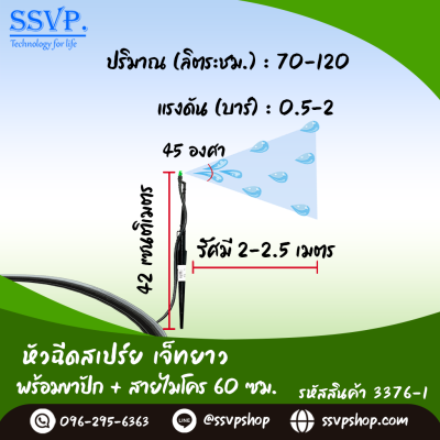 หัวฉีดสเปรย์เจ๊ทคว่ำด้านเดียว พร้อมขาปักสูง 40 ซม.+ สายไมโครยาว 60 ซม. รุ่นเจ๊ทสั้น รหัสสินค้า 3376-1 บรรจุ 10 ตัว