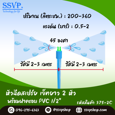 หัวฉีดสเปรย์ 2 หัว พร้อมฝาครอบ PVC ขนาด 1/2" รุ่นเจ๊ทยาว รหัสสินค้า 375-2C บรรจุ 10 ตัว