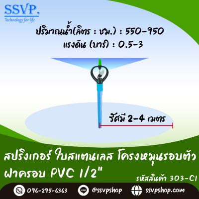 สปริงเกอร์ใบสแตนเลส โครงหมุนรอบตัว ฝาครอบ PVC ขนาด 1/2 นิ้ว บรรจุ 5 ตัว