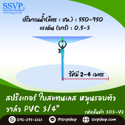 สปริงเกอร์ใบสแตนเลส โครงหมุนรอบตัว พร้อมวาล์ว PVC ขนาด 3/4 นิ้ว บรรจุ 5 ตัว