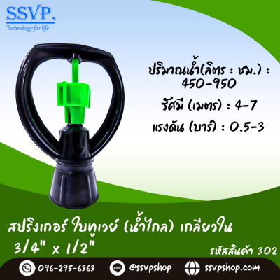สปริงเกอร์ใบทูเวย์ (น้ำไกล) เกลียวใน ขนาด 3/4" x 1/2" รหัสสินค้า 302 บรรจุ 10 ตัว