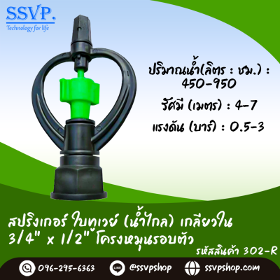 สปริงเกอร์ใบทูเวย์ (น้ำไกล) หมุนรอบตัวเกลียวใน ขนาด 3/4" x 1/2" รหัสสินค้า 302-R บรรจุ 10 ตัว