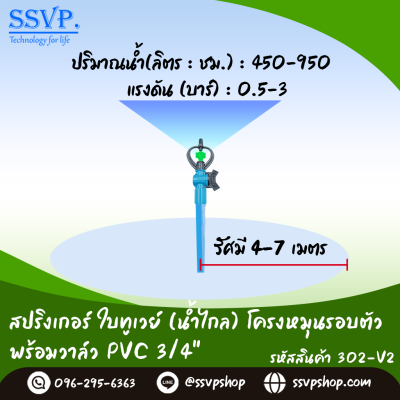 สปริงเกอร์ใบทูเวย์ (น้ำไกล) พร้อมวาล์ว PVC ขนาด 3/4" รหัสสินค้า 302-V2 บรรจุ 10 ตัว