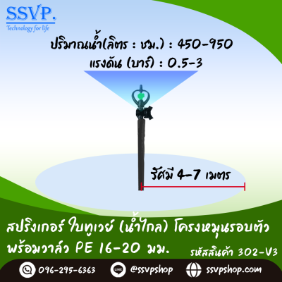 สปริงเกอร์ใบทูเวย์ (น้ำไกล) พร้อมวาล์ว PE ขนาด 16-20 มม. รหัสสินค้า 302-V3 บรรจุ 10 ตัว