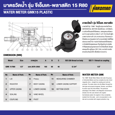 มาตรวัดนํ้าระบบเฟืองจักรสองชั้นแนวนอน 1/2 นิ้ว 4 หุน ASAHI รุ่น GMK15 Plastic