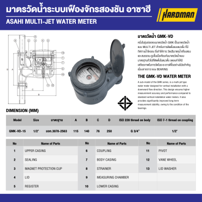 มาตรวัดนํ้าระบบเฟืองจักรสองชั้นแนวตั้ง 1/2 นิ้ว ASAHI รุ่น GMK-VD-15