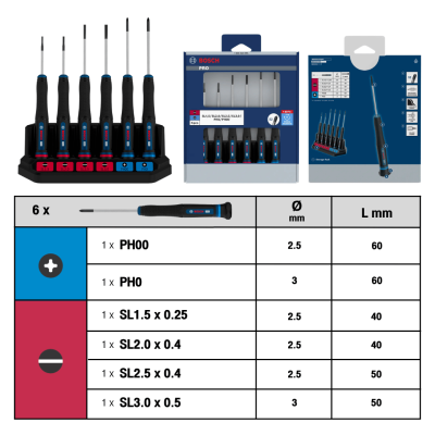 BOSCH 1600A039PL PRO PH/SL Precision Screwdriver Set, 6 pcs
