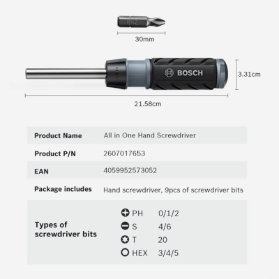 BOSCH All in One Hand Screwdriver Set, Model 2607017653 (10 Pieces/Pack)