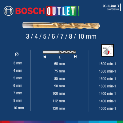 BOSCH X-Line 7 Wood Drill Bit Set, 3–10 mm (7 pcs/pack)