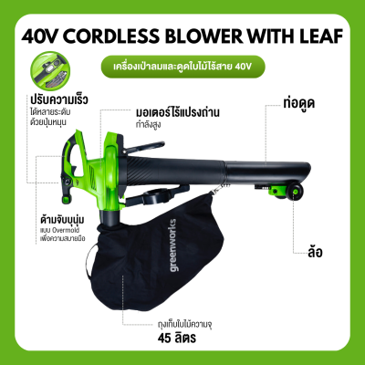 GREENWORKS GD40BVII Cordless Leaf Blower & Vacuum