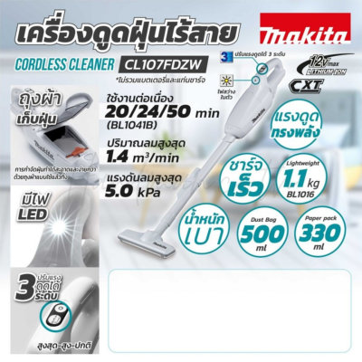 เครื่องดูดฝุ่นไร้สายสีขาว 12V MAKITA รุ่น  CL107FDZW (เครื่องเปล่า)