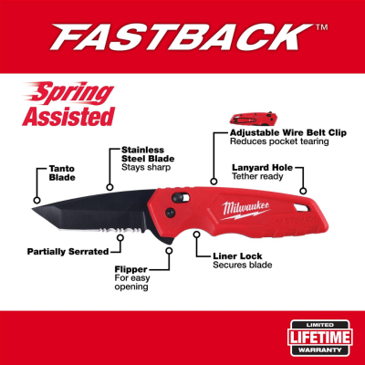 MILWAUKEE 48-22-1530 FASTBACK Stainless Steel Spring Assisted Folding Knife