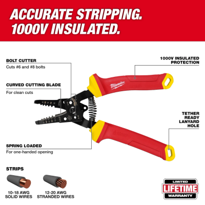 MILWAUKEE 48-22-2214 1000V Insulated 10-20 AWG Wire Stripper and Cutter
