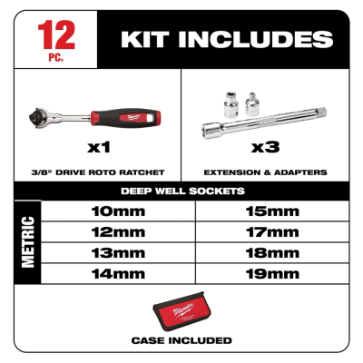 ชุดประแจบล็อก 3/8" 12 ชิ้น MILWAUKEE รุ่น 48-22-9001 (8-17 มม.)