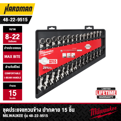 ชุดประแจแหวนข้างปากตาย 15 ชิ้น MILWAUKEE รุ่น 48-22-9515 (8-22 มม.)
