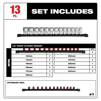 MILWAUKEE 48-22-9522 1/2" Drive 12-Point Metric Socket Set - 13 PC