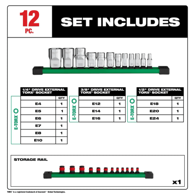 MILWAUKEE 48-22-9570 1/4" 3/8" & 1/2" Drive External Torx Sockets - 12 PC