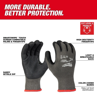 ถุงมือกันบาดเคลือบไนไตรล์ SIZE M / L MILWAUKEE รุ่น CUT 5 DIPPED GLOVES