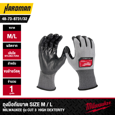 ถุงมือกันบาดเคลือบโพลียูรีเทน SIZE M / L MILWAUKEE รุ่น CUT 3 HIGH DEXTERITY