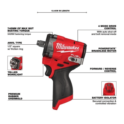 MILWAUKEE M12 FIW2F12-0 M12 FUEL™ 1/2" Stubby Impact Wrench with Friction Ring (Tool Only)