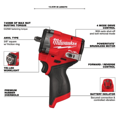 MILWAUKEE M12 FIW2F38-0 M12 FUEL™ 3/8" Stubby Impact Wrench with Friction Ring (Tool Only)