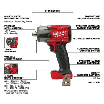 บล็อกกระแทกไร้สาย 1/2" มิดทอร์ค 18V MILWAUKEE รุ่น M18 FMTIW2F12-0X0 (เฉพาะตัวเครื่อง)