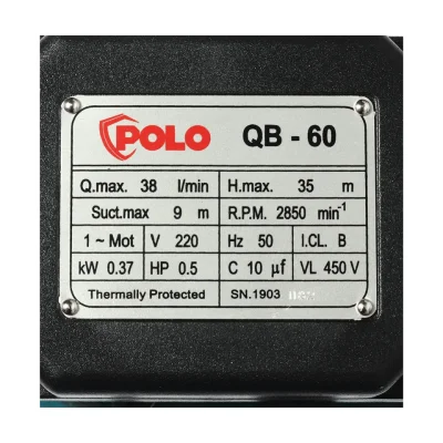 ปั๊มหอยโข่ง มอเตอร์ 0.5 POLO รุ่น QB-60 