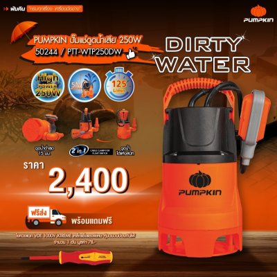 ปั๊มแช่ดูดน้ำเสีย 250 วัตต์ PUMPKIN รุ่น 50244/PTT-WTP250DW ปั๊มแช่ดูดน้ำเสีย 250 วัตต์ PUMPKIN รุ่น 50244/PTT-WTP250DW