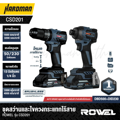 ROWEL Set Cordless Impact Drill and Impact Driver BL with battery 2 Ah x 2 (RW-PT-CSD201), 20 V.