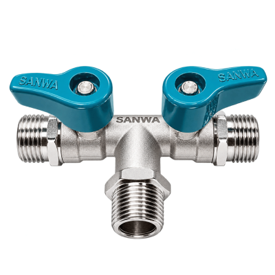 มินิบอลวาล์ว 3 ทาง 2 วาล์ว (ผผผ.) ขนาด 1/2" 4 หุน SANWA รุ่น BV 3M2V 15 MMM