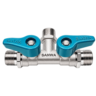มินิบอลวาล์ว 3 ทาง 2 วาล์ว (ผผผ.) ขนาด 1/2" 4 หุน SANWA รุ่น BV 3M2V 15 MMM
