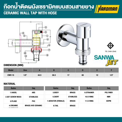 ก๊อกน้ำติดผนังแบบสวมสายยาง 1/2" SANWA รุ่น CWH 15
