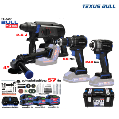 26mm Rotary Hammer Drill/Hand Grinder/Cordless Drill and Impact Driver Set TEXUS BULL TX-8457