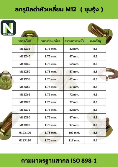 สกรูมิลดำหัวเหลี่ยมM12x45 /Black Steel Coating Nut M12x45