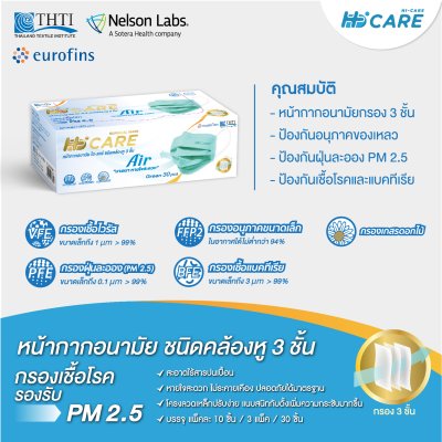 Hi-Care Air หน้ากากอนามัย เบาสบายหายใจสะดวก ไม่ระคายเคือง แผ่นกรอง3ชั้น ชนิดคล้องหู / 30ชิ้น