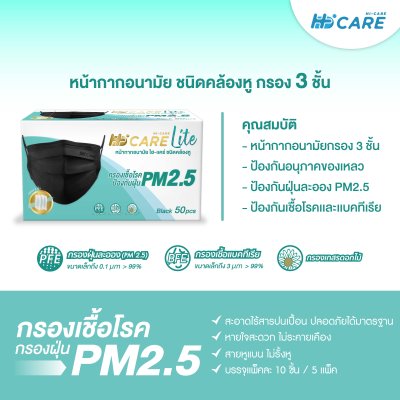 [เซทคู่สุดคุ้ม] Hi-Care Lite หน้ากากอนามัย สีดำ เบาสบาย หายใจสะดวก (รองรับ PM2.5 กรองเชื้อโรค) แผ่นกรอง 3 ชั้น / 50ชิ้น