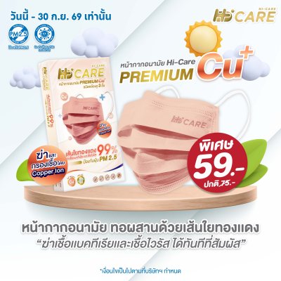 Hi-Care Premium Grade Copper หน้ากากอนามัยหนาพิเศษ (รองรับ PM2.5 กรองเชื้อโรค) แผ่นกรอง 3 ชั้น ชนิดคล้องหู / 10 ชิ้น