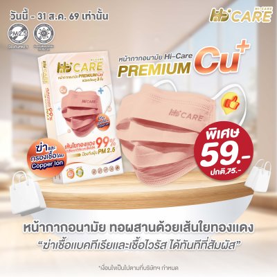Hi-Care Premium Grade Copper หน้ากากอนามัยหนาพิเศษ (รองรับ PM2.5 กรองเชื้อโรค) แผ่นกรอง 3 ชั้น ชนิดคล้องหู / 10 ชิ้น