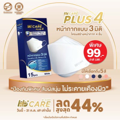 Hi-Care Plus 4 หน้ากากแบบ 3 มิติ หน้ากากอนามัยหนาพิเศษ แผ่นกรอง 4 ชิ้นชนิดคล้องหู