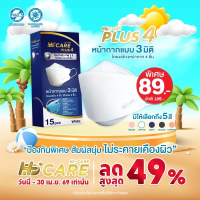Hi-Care Plus 4 หน้ากากแบบ 3 มิติ หน้ากากอนามัยหนาพิเศษ แผ่นกรอง 4 ชิ้นชนิดคล้องหู