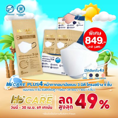 Hi-Care PLUS4 หน้ากากแบบ 3 มิติ หนาพิเศษ แผ่นกรอง 4 ชั้นชนิดคล้องหู 1กล่องบรรจุ24ซอง [ซองละ 5 ชิ้น]