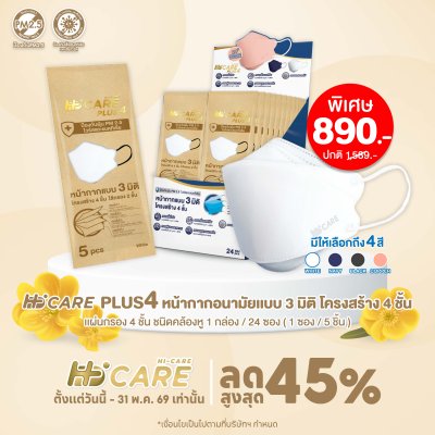 Hi-Care PLUS4 หน้ากากแบบ 3 มิติ หนาพิเศษ แผ่นกรอง 4 ชั้นชนิดคล้องหู 1กล่องบรรจุ24ซอง [ซองละ 5 ชิ้น]