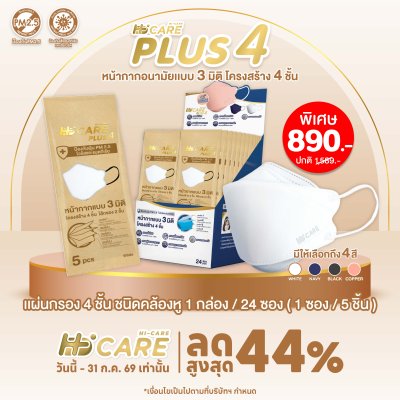 Hi-Care PLUS4 หน้ากากแบบ 3 มิติ หนาพิเศษ แผ่นกรอง 4 ชั้นชนิดคล้องหู 1กล่องบรรจุ24ซอง [ซองละ 5 ชิ้น]
